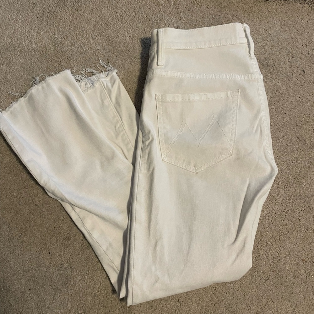 MOTHER White Cropped Frayed-Hem Ankle Jeans
